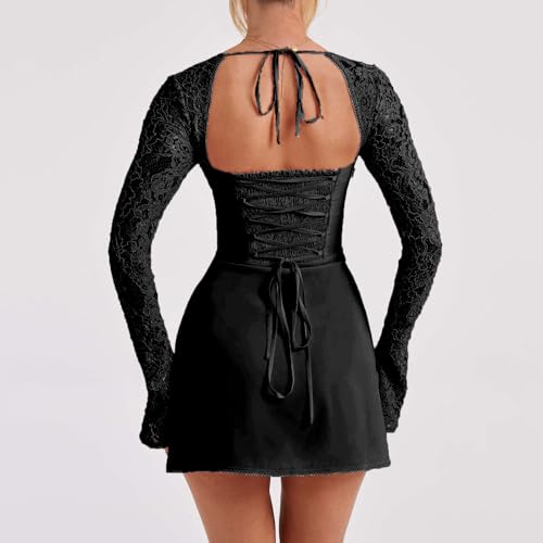 Image of Women Lace Mini Dress Sexy Square Neck Lace Long Sleeves Backless Tie-Up A-Line Short Dresses Cocktail Bodycon Dress
