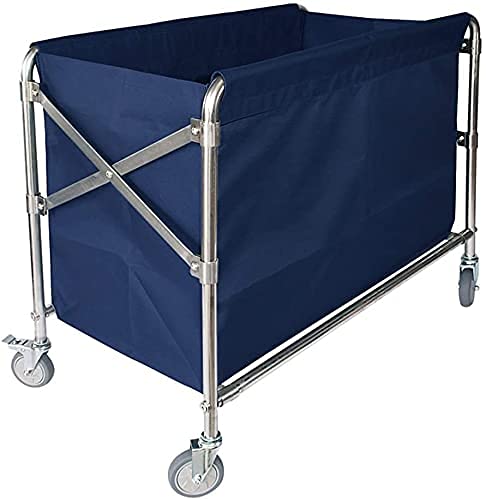 Carrito clasificador de ropa sucia con marco de acero inoxidable, carros móviles, cesta de servicio plegable para hotel, baño, cesta con ruedas, bolsas de tela oxcloth / azul