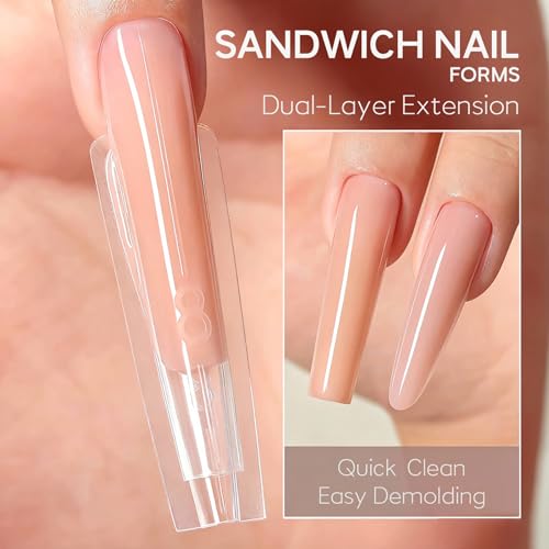 Sandwich Nail Dual Forms for Builder Gel, 240Pcs 15 Sizes Long Coffin Forms Kit – Prevents Gel Stacking & Warping, Beginner-Friendly Reusable Nail Molds for Quick Salon Extensions