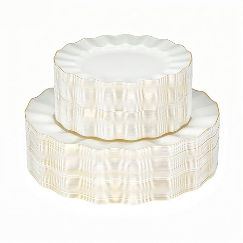 QualQuot 120PCS Ivory White Plastic Plates Heavy Duty Disposable Party Plate with Gold Rim Fancy 60 Dinner & 60 Dessert Plates for Parties and Wedding