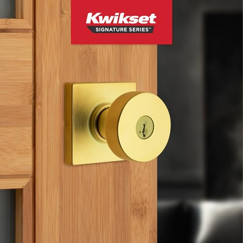 Image of Kwikset Pismo Entry Door Knob with Lock and Key, Secure Keyed Handle Exterior Doorknob, Front Entrance and Bedroom, Satin Brass, Square, Pick Resistant SmartKey Rekey Security, Microban Protection