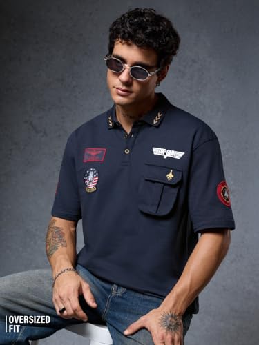 Image of The Souled Store Official Top Gun: Classic Men and Boys Short Sleeve Collared Neck Navy Blue Cotton Oversized Polos