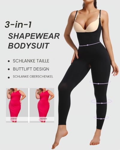 SHAPERX Shapewear Damen Figurformende Leggings Miederbody Stark Formend Ganzkörper Bodysuit Body Shaper Bauchweg, UK-SZ5802-Black-S/M