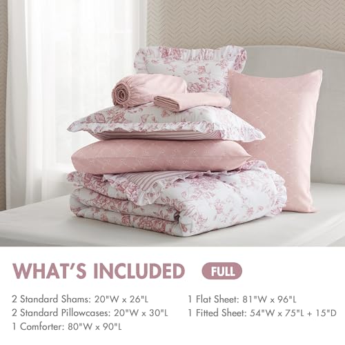 Image of Madison Park Essentials Adele Pink Floral Full Size Comforter Set - Vintage Bed in a Bag with Sheets, Reversible Ruffle Bedding, Elegant Gift for Her