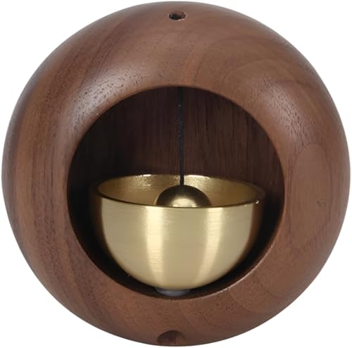 Image of Wooden Door Bell with Brass Hanging Bell | Wall Mount Decorative Bell with Magnet & Sticker Attachment | Light Wood Finish (Round Dark Brown)