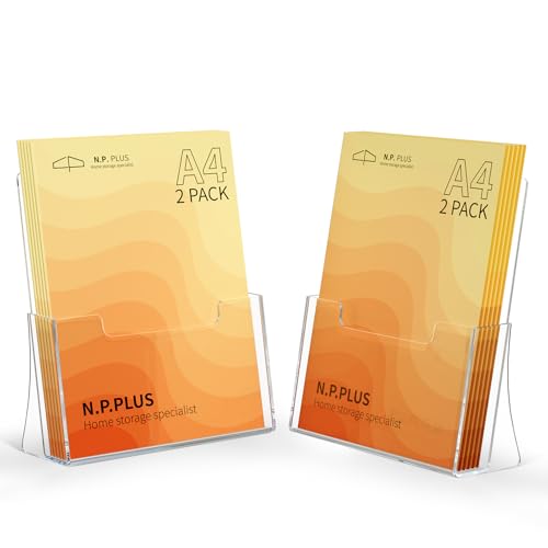 NPPLUS A4 Acrylic Leaflet Holder: 2 Pack Clear Brochure Stand Holder, Counter Booklet Holder for Flyers, Posters, Catalogs, Freestanding Menu Display Rack for Restaurant, Retail, Hotel