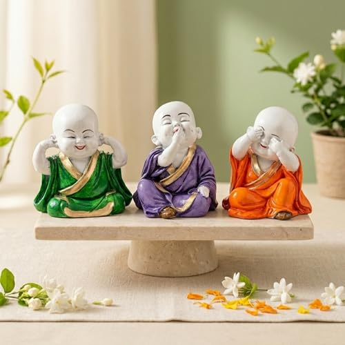 Image of eCraftIndia Resin Green, Purple & Orange Think No Evil Speak No Evil Hear No Evil Set of 3 Cute Little Monk Buddha Statues Decorative Showpieces for Car Dashboard Home Office Desk Decor Gift Purpose
