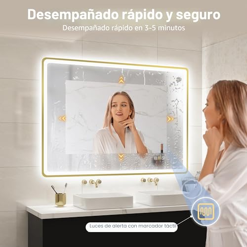 Miniatura 3 de Starlead 100x70cm Dorado Espejo-Baño-Con-Luz Y Bluetooth, Antivaho, Regulable, 3 Colores Luz, Función Memoria, Ip44 Vidrio Templado Espejo-Led-Baño, Horizontal Vertical, Marco No Metálico