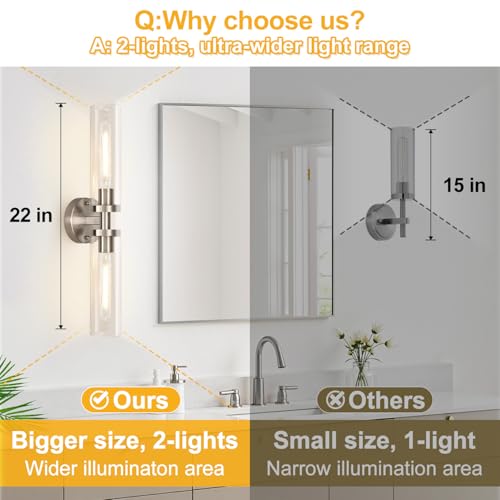 Image of Indoi Brushed Nickel Wall Sconces, Hardwired Bathroom Sconces Vanity Light with Clear Glass, Modern Bathroom Vanity Lights fixtures for Mirror Bedroom Living Room Hallway Kitchen