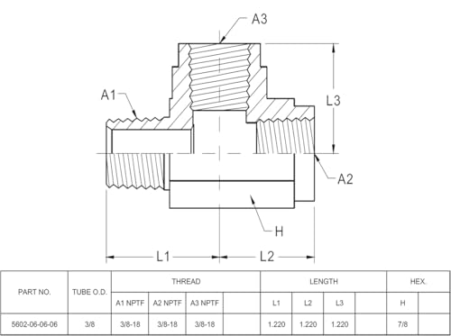 Image of 5602-06-06-06 Hydraulic Hose Adapter Fitting 3 /8 inch Male (3 /8 inch-18NPTF) x 3 /8 inch Female (3 /8 inch-18NPTF) x 3 /8 inch Female (3 /8 inch-18NPTF) Street Tee SAE Pipe Carbon Steel