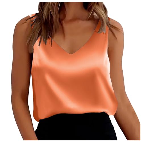 Canotte da donna in raso 2025, vestibilità larga, senza maniche, Camisole con scollo a V, top in seta, Colore: arancione., XXL