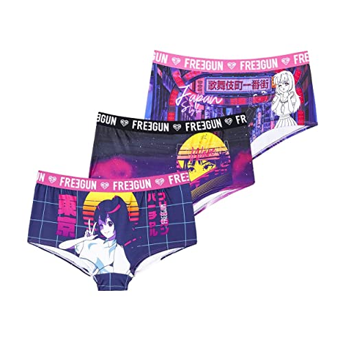 FREEGUN Shorty Fille Manga, sous-vêtement Enfant, Respirant et Stretch (Lot de 3), Violet, Rose, Jaune, Blanc, Taille 14/16 Ans