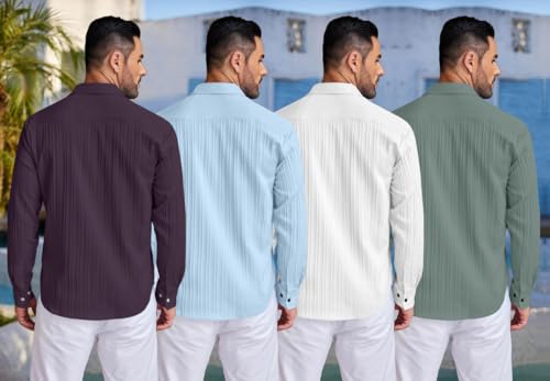 Image of FINIVO FASHION Combo of Men's Casual Cotton Plain Button Down Shirt Long Sleeve Textured Summer Beach Shirt for Men Pack of 4