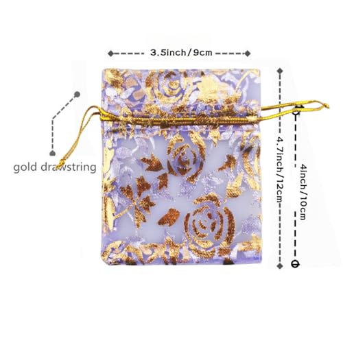Image of QIANHAILIZZ 100 pcs 3.5 x 4.7 Inch Flower Heart Organza Jewelry Gift Pouch Candy Pouch Drawstring Wedding Favor Bags X92 (lilac gold flower)