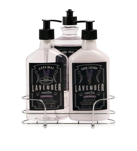 Liquid Soap and Lotion Kitchen Caddy: Tri Coastal Design Silver Wire Sink Basket Set - Lavender Vanilla Dish Soap, Hand Soap, and Lotion - 13.5 Fluid Ounces