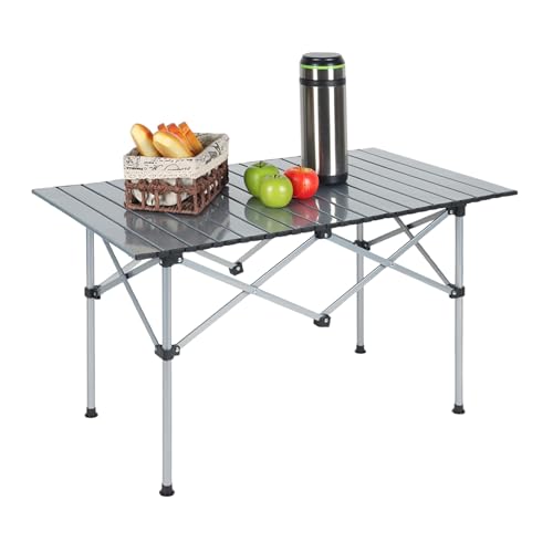Relaxdays Mesa de Camping, Mesita Plegable Auxiliar, 55x95x53 cm, Acampada y Pícnic, Tablero Abatible, Acero, Plateado