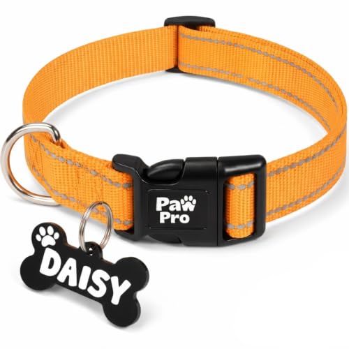 Image of PAWPRO HANDMADE Nylon Reflective Dog Collar With Customizable Bone-Shaped Tag Adjustable For Safety And Comfort, Fits 35-50 Cm Neck Black (Orange, Medium)