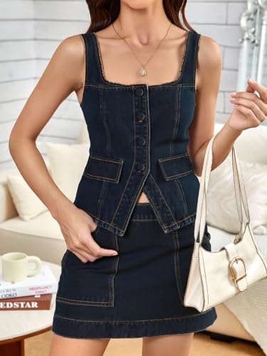 Women's Y2k Button Up Denim Vest Vintage Square Neck Sleeveless Western Jean Tops4