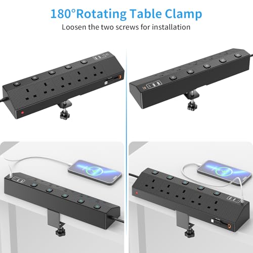 Desk Extension Lead 1.8M, STGAROT PD 30W Power Strip with Retractable USB C Cable, 5 Way Power Socket with 3 USB C Port, 2 USB A Port, Desktop Plug Socket with Removable Clamp for Office Accessories - Image 2