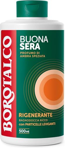 Borotalco, Bagnodoccia Buonasera Rigenerante, con Particelle Leviganti Biodegradabili e Profumo di Ambra Speziata, Texture Ricca e Cremosa, Dona Vitalità, Ideale per la Sera, Flacone 500 ml