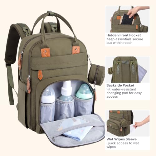 Miniatura 5 de Babbleroo Mochilas De Pañales Para Bebé, Gran Capacidad Mochila De Cambio Bolsa Para Pañales Con Cambiador Y Porta Chupones Para Mamá Y Papá Verde Militar