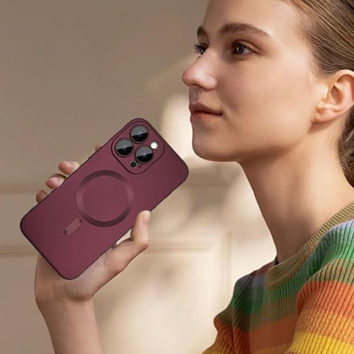 Image of DIZORO Magnetic Case for iPhone 16 Pro Case [Compatible with MagSafe][Built-in Camera Lens Protector] Slim Soft Silicone Bumper Shockproof Metallic Luster Back Cover Phone Case - Wine Red