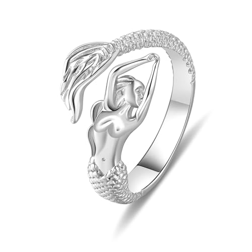Mermaid Adjustable Ring - 925 Sterling Silver Fairytale Little Mermaid Open Wrap Rings for Women