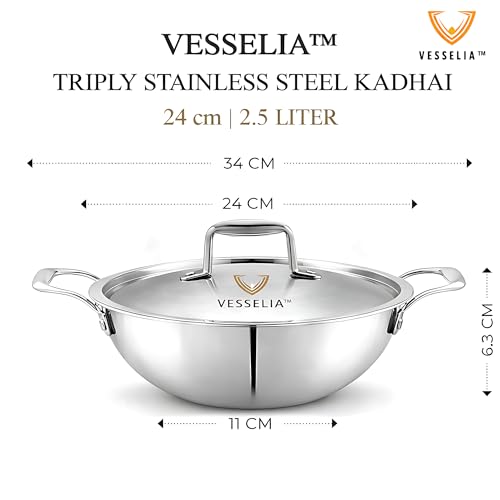 Image of Triply Stainless Steel Kadai with Lid 24 cm (2.5L) | Heavy Bottom | Induction & Gas Compatible | Mirror Finish | Ideal for Cooking & Frying