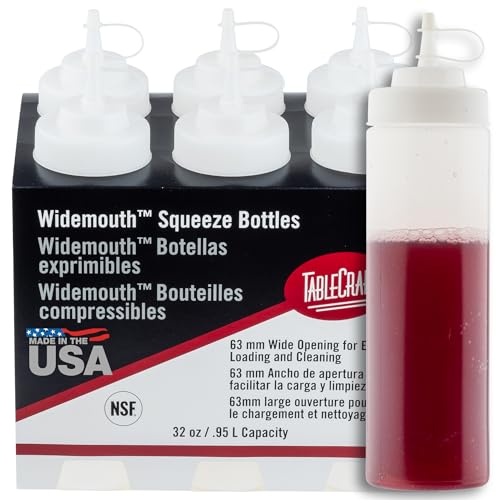TableCraft 12634 Widemouth Condiment Squeeze Bottles, 63 mm Wide Opening, Cone-Tip Top, Tethered Cap, Clear Sauce Dispensers for Food Prep, 32 oz (946 mL), NSF, Made in USA, Pack of 6