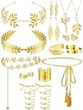 JenPen 15 Pcs Greek Goddess Costume Accessories Set Golden Leaf Crown Upper Arm Cuff Coil Bracelet Hair Headpiece Artificial Leaf Drop Earrings Necklace Toga Waist Belt for Women (Stylish)
