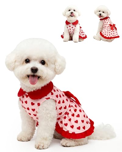 Image of CuteBone Romantic Red Heart Pet Dress with Peter Pan Collar - Pink & Red Pattern - Sleeveless Ruffled Skirt with Bow for Small Dogs, Cats - Valentine's & Daily Wear