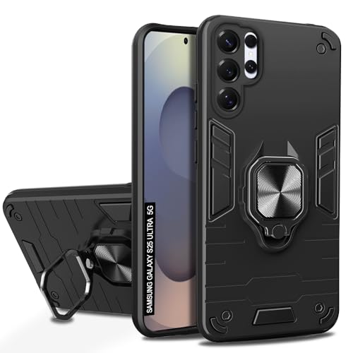 Image of AESTMO Samsung Galaxy S25 Ultra 5G Back Case Cover | Tough Armor Bumper | Ring Holder & Kickstand in-Built | 360 Degree Protection Cover for Samsung Galaxy S25 Ultra 5G (Black)