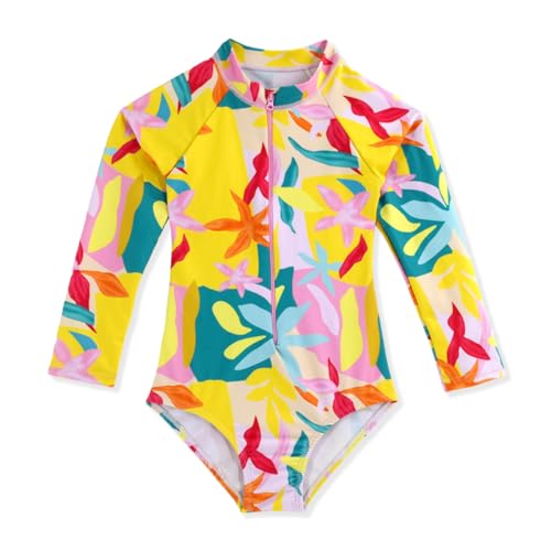 Girls Long Sleeve Swimsuit One Piece Bathing Suit Zipper UPF 50+ Rash Guard Swimwear Size 3-12T