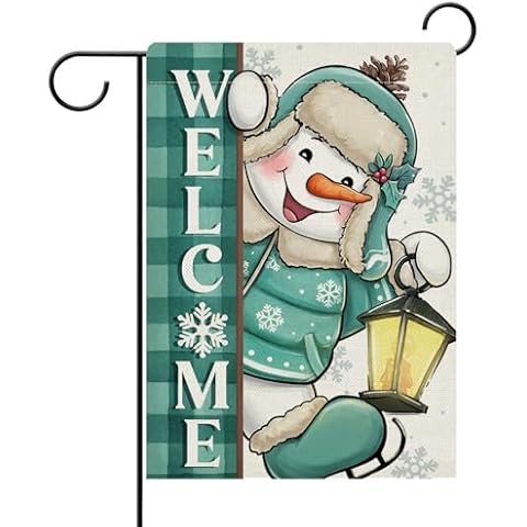 Dyrenson Welcome Winter Snowman Decorative Garden Flag, Teal Plaid Check Lantern Yard Outside Home Decorations, Christmas Seasonal Farmhouse Burlap Outdoor Small Decor Double Sided 12 x 18 Cover