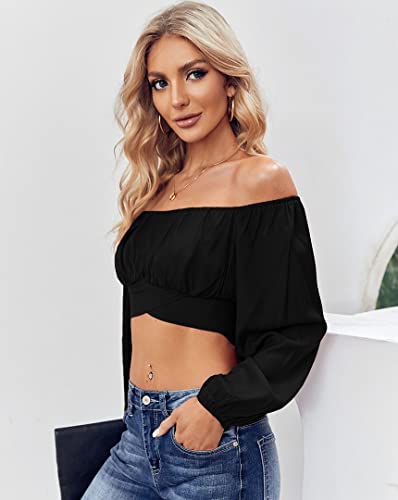 Miracmoda Woman Off Shoulder Ruched Tie Back Crop Top Summer Lantern Sleeve Boho Slim Fit Blouse Black #TOP1