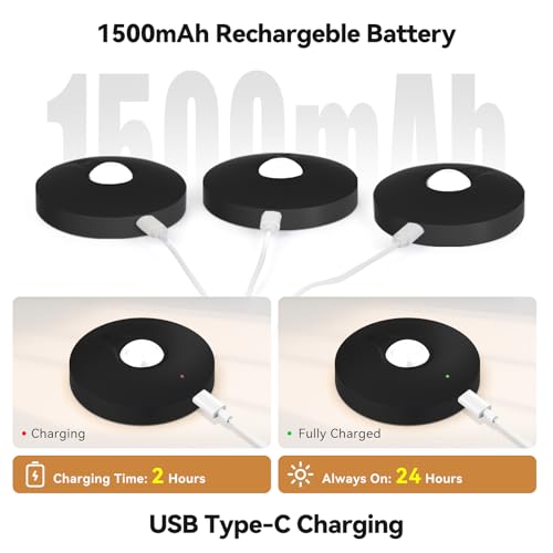 Image of Yiliaw Rechargeable Puck Lights with Remote, Magnetic Under Cabinet Lighting, 1500mAh Battery Operated LED Lights for Kitchen, Closet, Shelf - 3 Color Temps, Black, 6 Pack