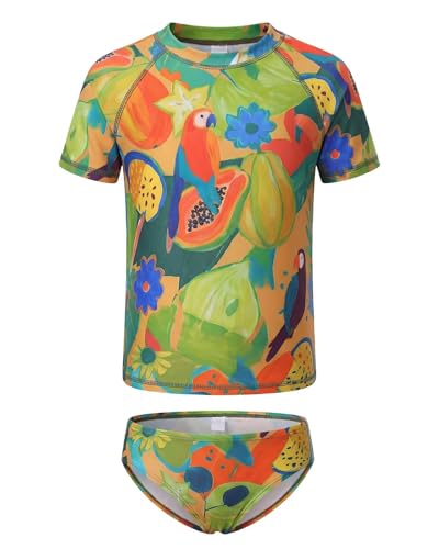 Image of Girls Two Piece Rash Guard Swimsuits Set Short Sleeve Bathing Suit for Kids Hawaiian Swimwear Set 3-16 Years