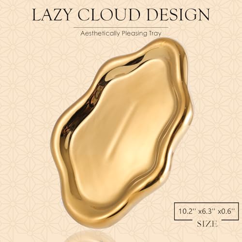 Image of CCINPPY Ceramic Jewelry Tray Trinket Dish, Decorative Cloud Vanity Key Tray for Women, Ring Holder Dish, Cute Jewelry Plate Bowl Room Decor Aesthetic, Gold, Large