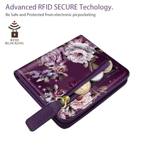 Image of Small Womens Wallet Thin Credit Card Holder Pocket Mini Purse | Compact Women Slim RFID Blocking Wallets Bifold Ladies Pocket Card Holders for Travel & Daily Use, Purple Flower