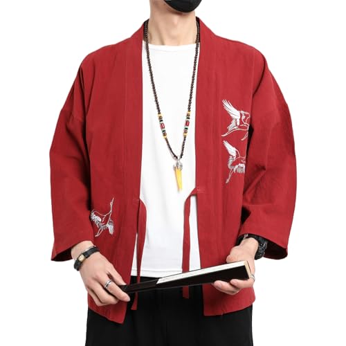 Image of Men's Japanese Kimono Cardigan Loose Cotton Linen 3 /4 Sleeve Open Front Casual Summer Shirt Jackets