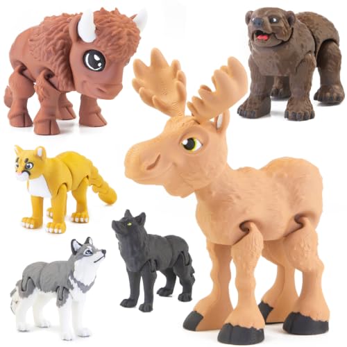Image of cobinaan 6PCS 3D Printed Safari Animals Figures Toys Bear Bison Moose Wolf | Flexible Articulated Fidget Toys, Child-safe PLA Plastic, Party Favors Birthday Gifts Cake Topper Home Office Desk Decor