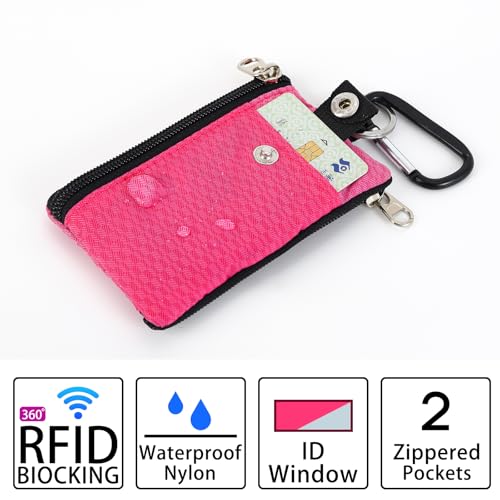 Image of MASAPHlL Small Lanyard Wallet for Women /Men with RFID Blocking ID Card Wallet, Minimalist Nylon Zipper Pouch, Travel Neck Wallet with Keychain, ID Window for Card,Coin,Cash (Rose+Light Rose)