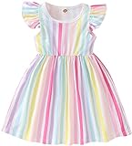 Toddler Girls Dress Striped Short Sleeve Swing Summer Rainbow Sundress Kids Birthday Party Flutter Dresses 3-4 Years