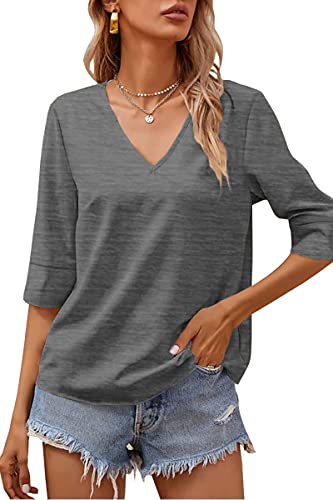 Grlasen Women's Fashion Half Sleeve V-Neck T-Shirt Solid Loose Basic top A-Grey