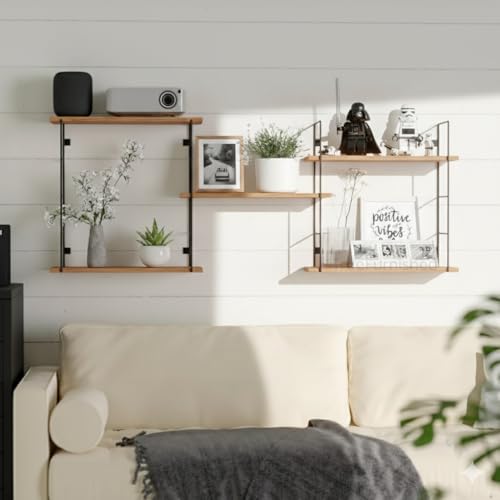 Image of Wall Mounted Floating Shelves for Bedroom, Living Room, Kitchen, Bathroom Wooden Shelf with Metal Brackets, Rustic Decorative Rack, Books & Storage - Real Australian Pine Wood(NOT MDF)