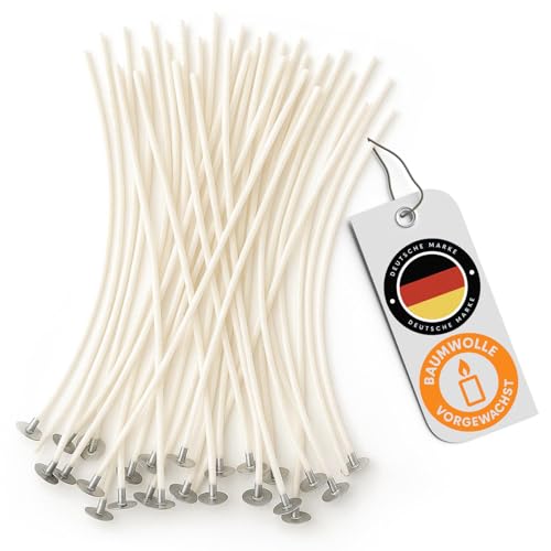 FALKENHORN Kerzendochte 10cm vorgewachst & mit Metallfuß 50 Stück für DIY-Kerzenherstellung geeignet für viele Wachsarten ideal für Gläser Gießformen & Dekokerzen