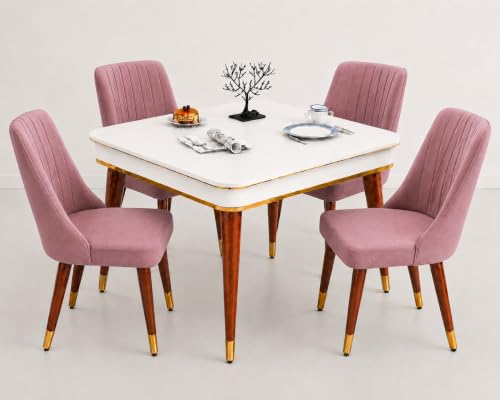 Image of WOODEN SPACE 4 Seater Wooden Dining Table Set | Urban Marble Top Dining Table with Chairs for Dining Room & Kitchen (Modern Frontline Pink) (42 x 42 x 30 inch)