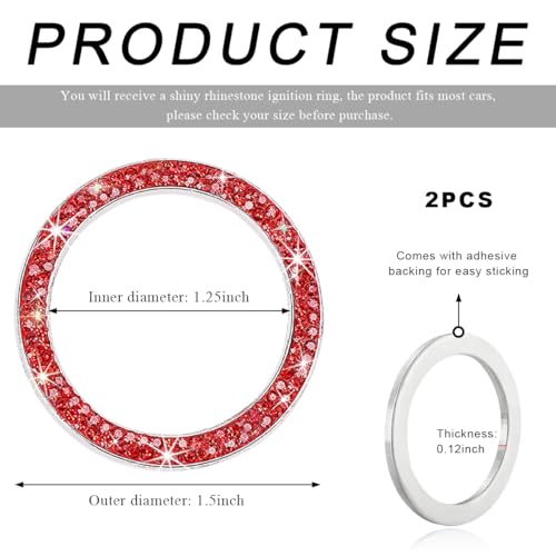 Image of 2 PCS Car Bling Crystal Rhinestone Engine Start Ring Decals, Sparkling Diamond Car Push Start Button Ignition Ring Sticker, Auto Key Ignition Knob Ring Decoration for Women Girls (Red)
