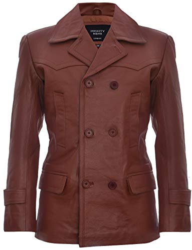 Image of Mens Tan Cow Hide Leather Jacket Dr Who Naval German Pea Coat XL
