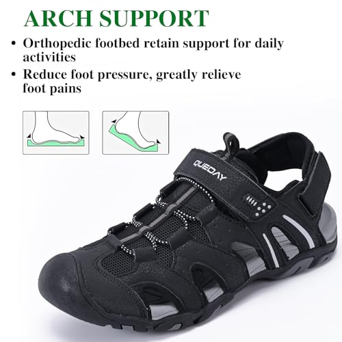 Image of Queday Mens Closed Toe Outdoor Hiking Sandals | Plantar Fasciitis, Thick EVA Cushion Midsole, 3 Adjustable Straps, Non-slip rubber outsole for daily walking recovery